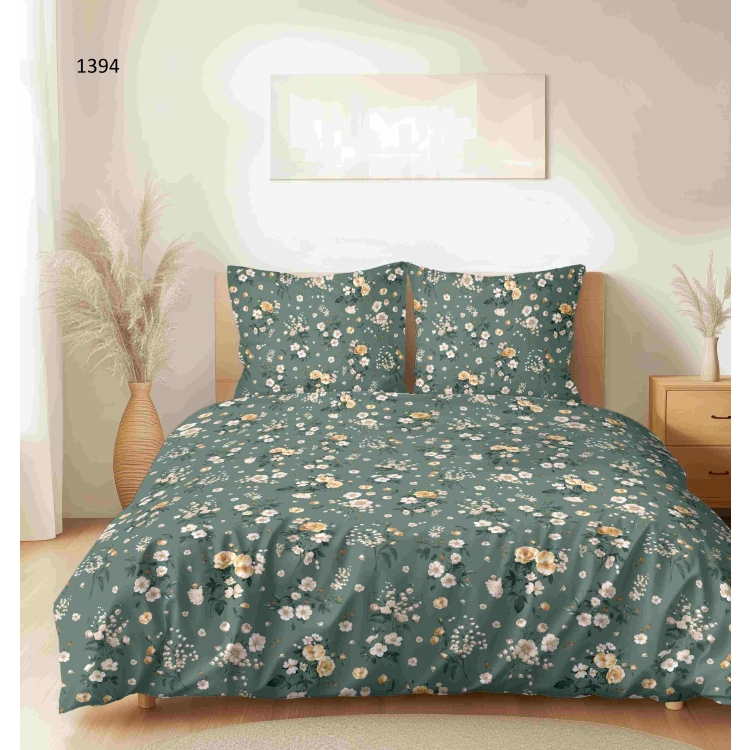 Pościel bawełniana z płótna 160- kwiaty na butelkowej zieleni 1394